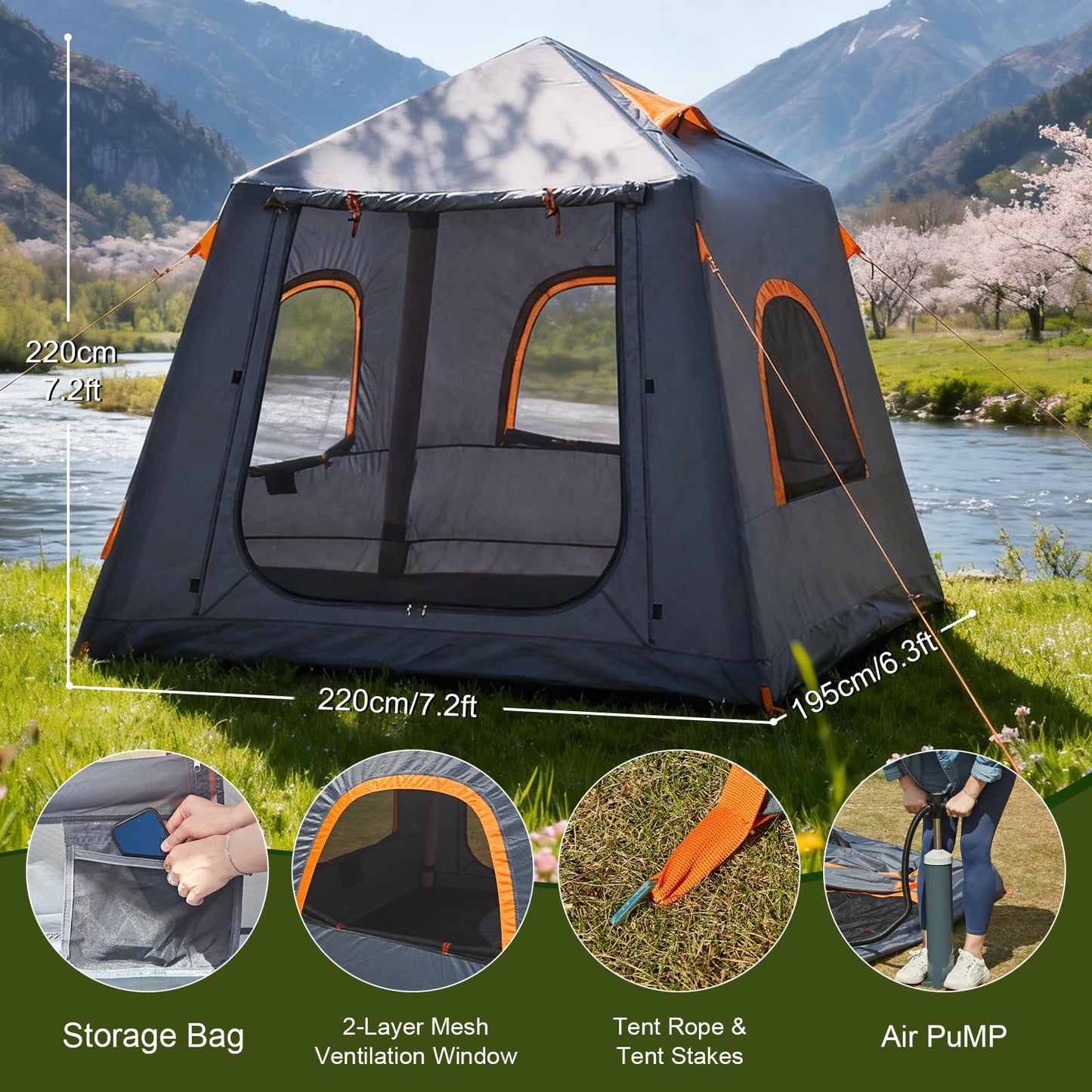 2-3 Person Inflatable Glamping Tent,Easy Set up with Hand Air Pump, Waterproof Blow Up Tent for Adults, Portable Outdoor for Hiking/Backpacking/Fishing，Grey