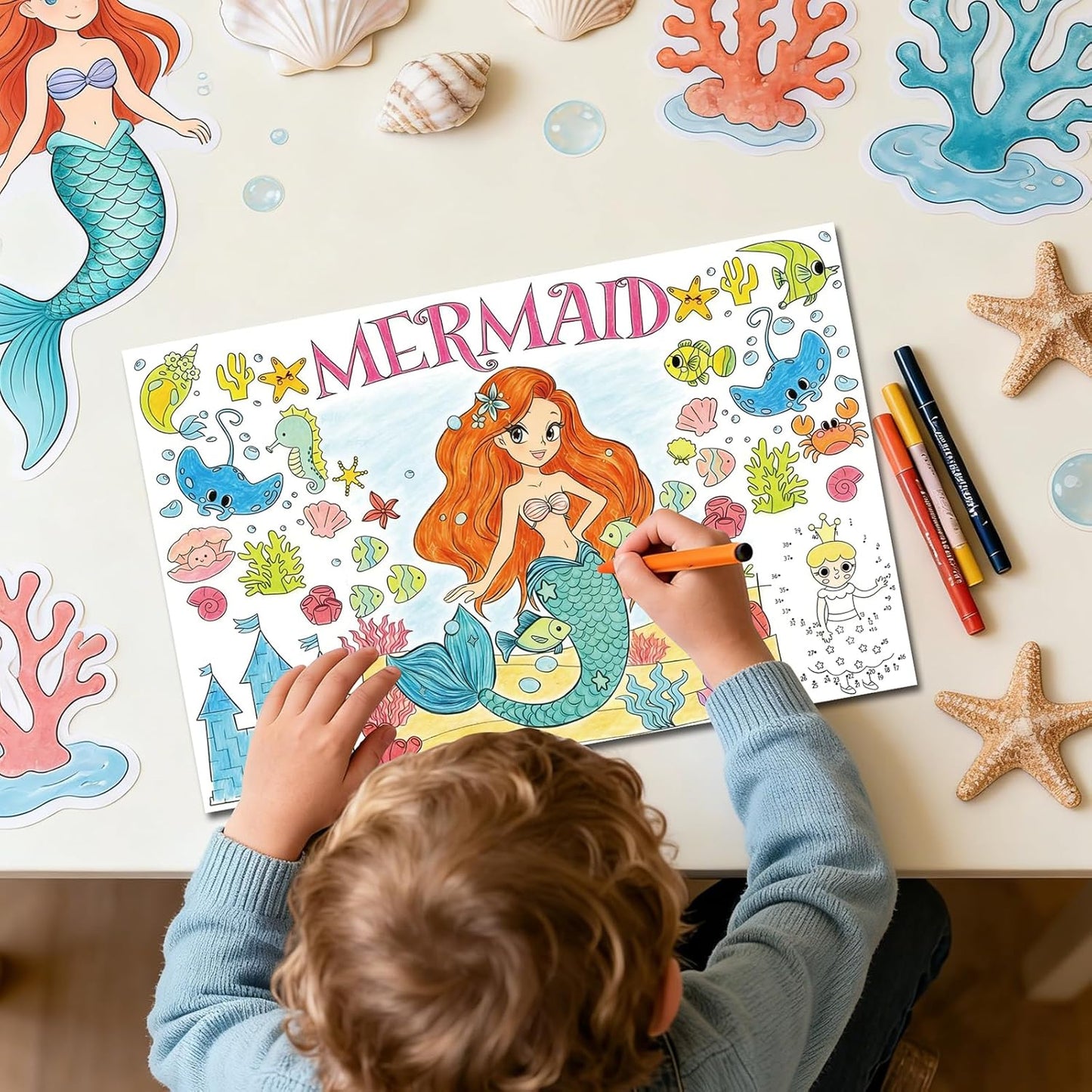 15Packs 17X11Inches Mermaid Crafts for Kids Coloring Placemats with Thankful - Fall Art Activities for Friendsgiving