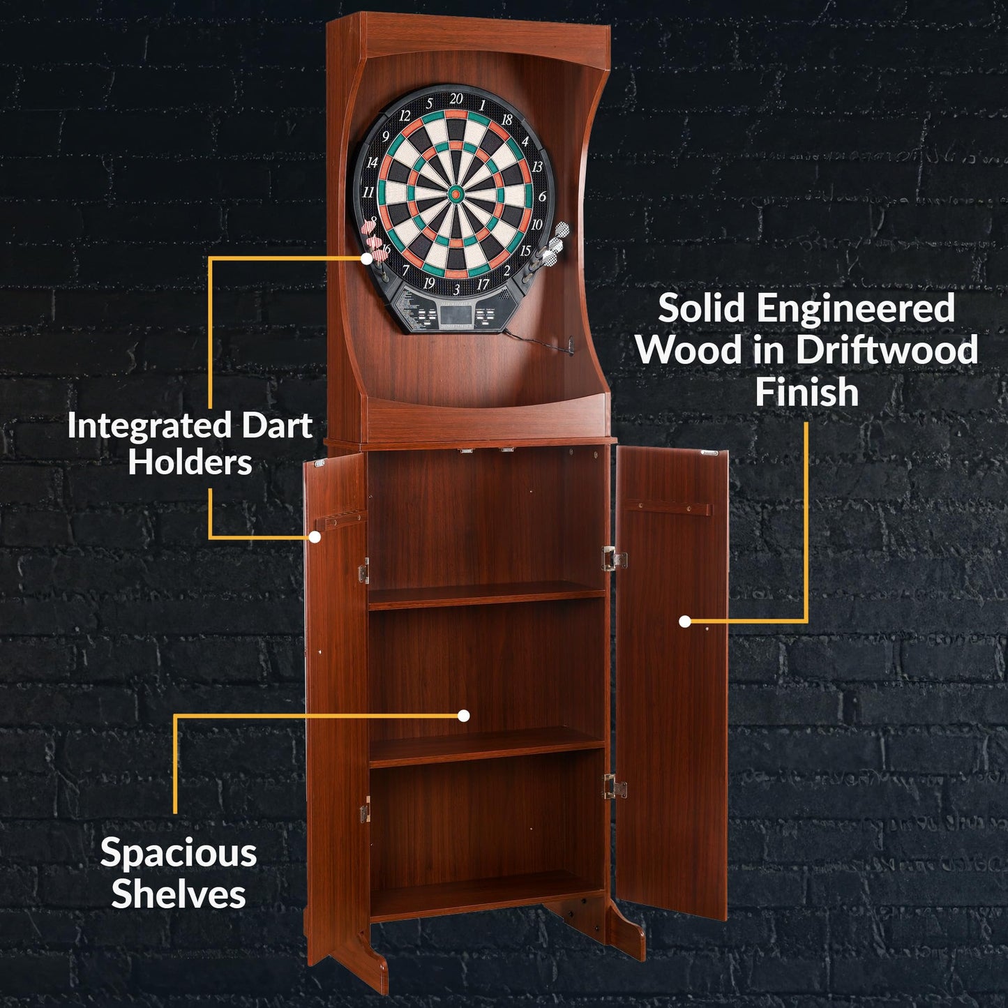 Hathaway Outlaw Electronic Dart Board Cabinet Set - 81-in Electric Dart Board with Cabinet - Professional Dart Board with 6 Soft Tip Electronic Darts, AC Adapter, and Dart Scoreboard - Cherry Finish