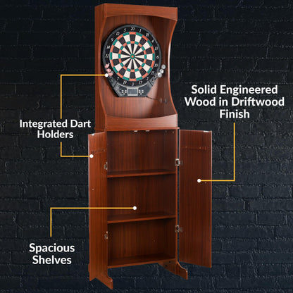 Hathaway Outlaw Electronic Dart Board Cabinet Set - 81-in Electric Dart Board with Cabinet - Professional Dart Board with 6 Soft Tip Electronic Darts, AC Adapter, and Dart Scoreboard - Cherry Finish