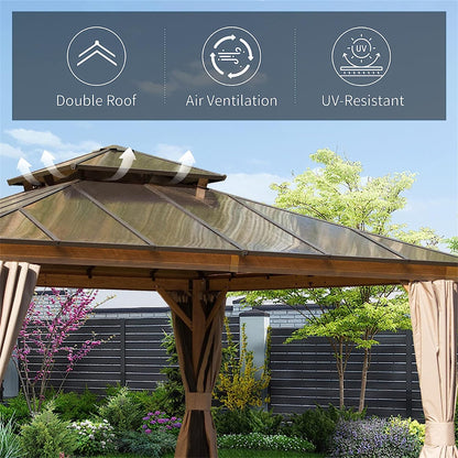 GOWE 12'x12' Hardtop Gazebo, Permanent Outdoor Gazebo with Polycarbonate Double Roof, Aluminum Gazebo Pavilion with Curtain and Net for Garden, Patio, Lawns, Deck, Backyard(Wood-Looking)