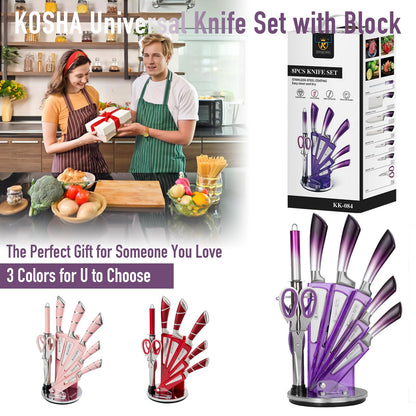 KOSHA Kitchen Knife Set, 9 Piece Knife Set with Block, with Sharpener, High Carbon Stainless Steel Accessories for Kitchen, Rust Proof, Non-Stick Coated, Ergonomic Hollow Horseshoe-shaped Handle