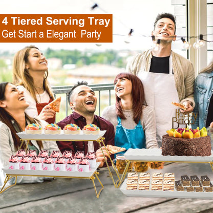 KAQAHIDO Extra Large 4 Tier Serving Tray Set, 34x22x10 inch Wave Edge Melamine Dessert Table Display Set, Tiered Trays Stand for Party Buffet Entertaining, Gold and White