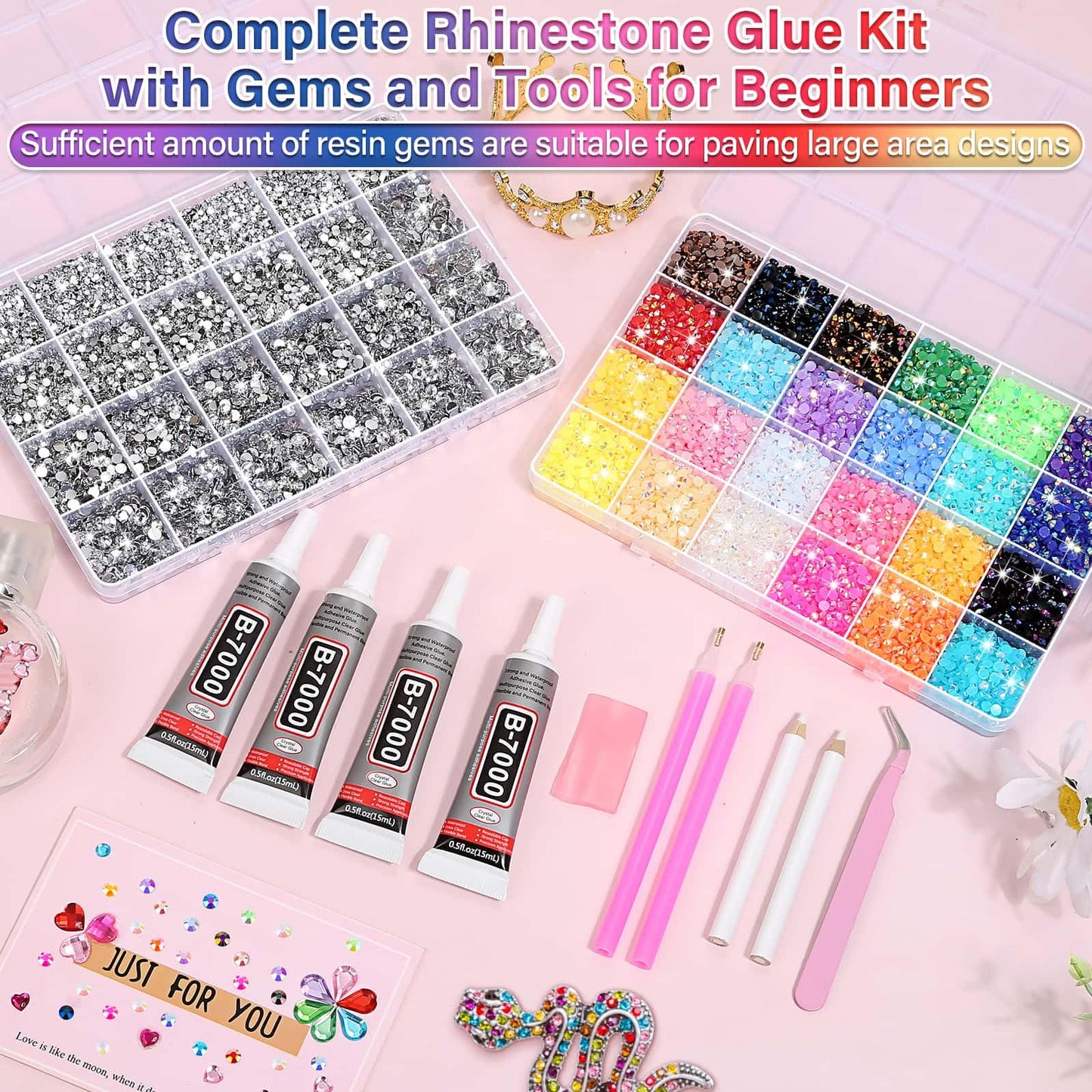 40000Pcs Resin Rhinestones with B7000 Jewelry Glue for Bedazzling Crafting, Rainbow Crystals Flat Back Gems with Craft Adhesive for DIY Graduation Cap Clothes Tumblers Shoes Nails and Face