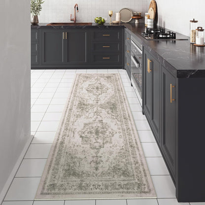 Runner Rug 2x5 Vintage Hallway Area Rug, Taupe Medallion Washable Indoor Bedroom Carpet