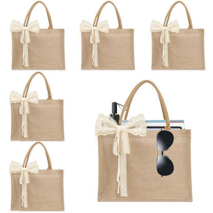 Karinoos 6pcs Burlap Tote Bag Set with Handles, Waterproof Reusable Blank Grocery Bags with Ribbon Large Jute Tote 15.35 * 6 * 12 Inch for Women Bridesmaid Gift Beach Pool Shopping Wedding Travel DIY