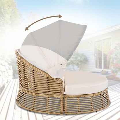 Merax Outdoor Chaise Lounge Daybed for Outside Patio Furniture Wicker with Retractable Canopy Recliner Yellow Rattan Sunbathing Lounger Sofa Sunbed Pool Reclining Sunbed, Khaki Cushion