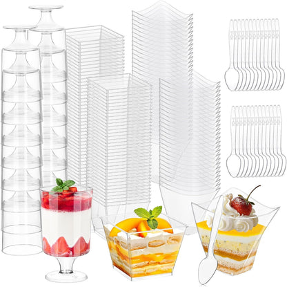 300 Packs 4oz 3 tchrules Dessert Cups with Spoons, Styles Mini Plastic Appetizer Cups, Clear Parfait Cup for Party