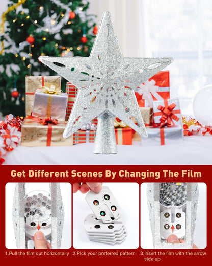 Christmas Tree Topper Lighted with 6 Patterns Projector, Christmas Star Tree Topper Built-in 3D Glitter LED Rotating Lights, Hollowed Christmas Tree Ornament for Xmas Party Holiday Decoration(Silver)