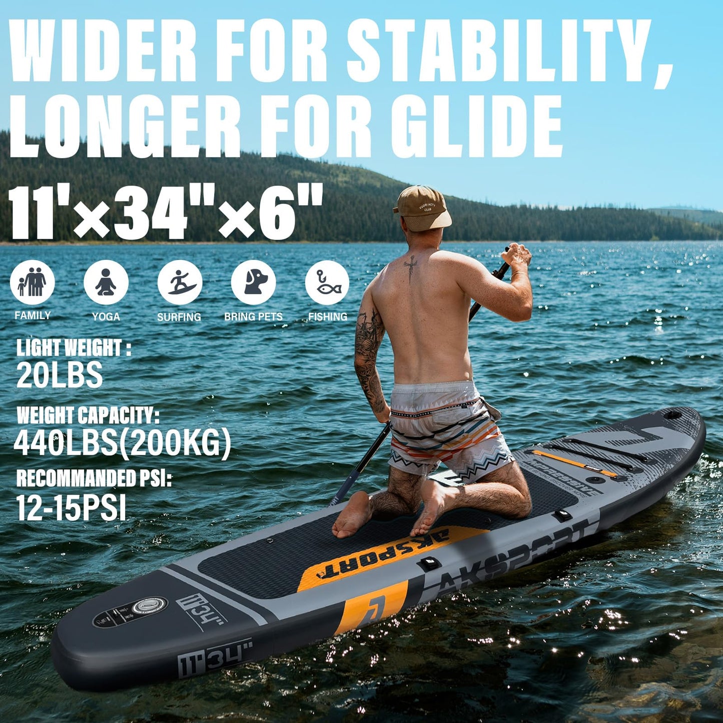 AKSPORT 11' Inflatable Stand-Up Paddle Board with Upgraded SUP Accessories Kit | Extra Wide 34" Design | Non-Slip Deck | Premium SUP Board for Adults & Youth of All Levels