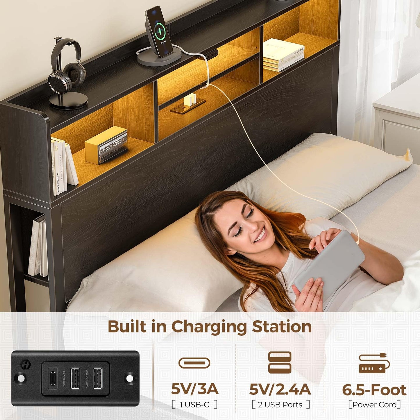 Rolanstar Full Bed Frame with Storage,4-Drawer Platform Bed with USB Charging Station,Built in LED Lights and Bookcase Headboard,No Box Spring Needed,Easy Assembly,Noise-Free,Black