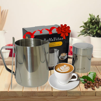 BellaVitas Milk Frothing Pitcher Set 20oz/600ml, 304 Stainless Steel Milk Frother Cup with Cocoa Shaker, Latte Art Pen, Stencils, Espresso Machine Accessories & Coffee Barista Tools Latte Pitcher Gift