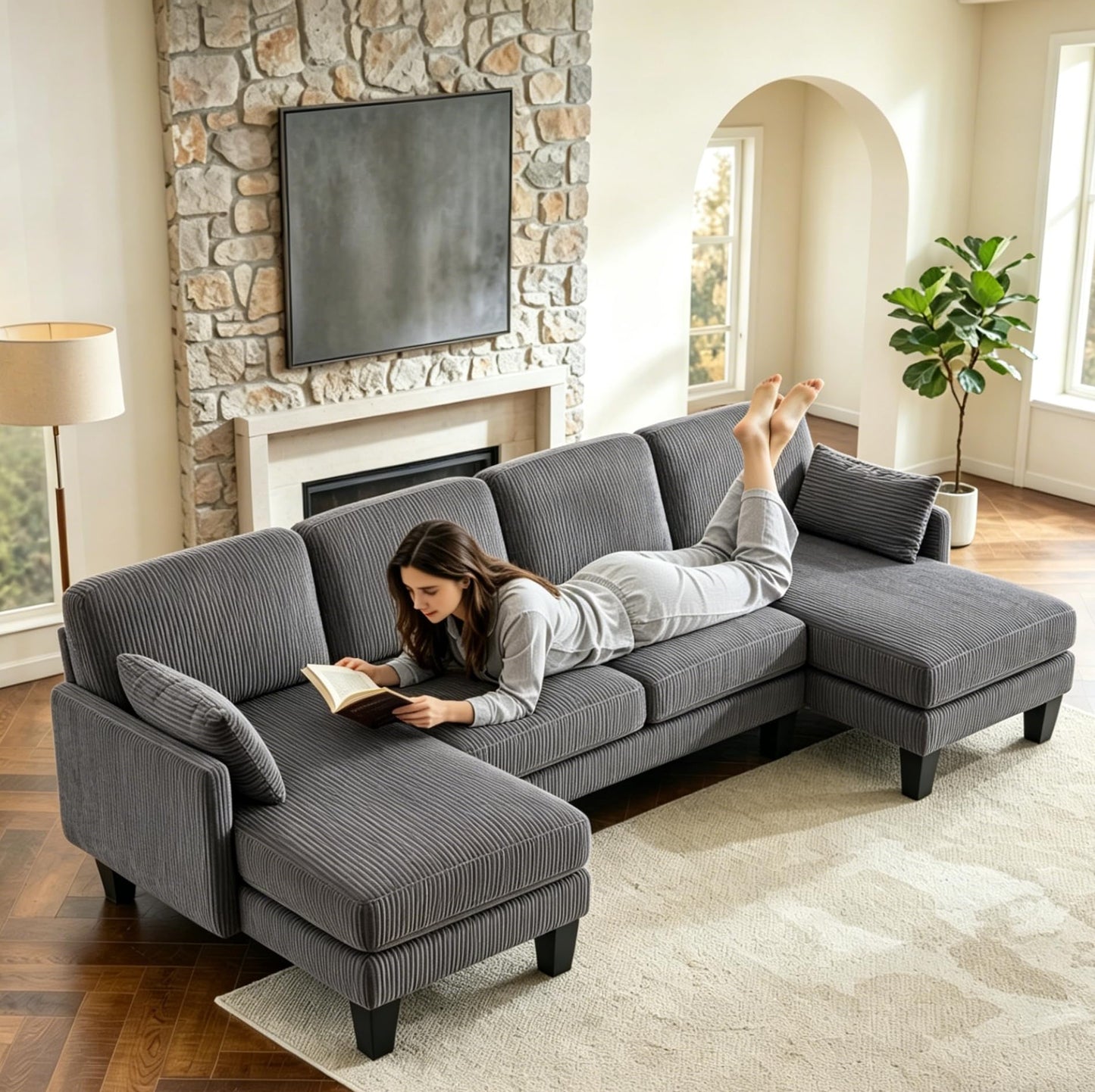 VINGLI 108" W U-Shaped Sectional Couches for Living Room, Sturdy Wooden Armrest Corduroy Cloud Couch with Double Chaise, High Support Modern 4-Seat Sectional Sofa for Apartment, Offices, Dark Grey