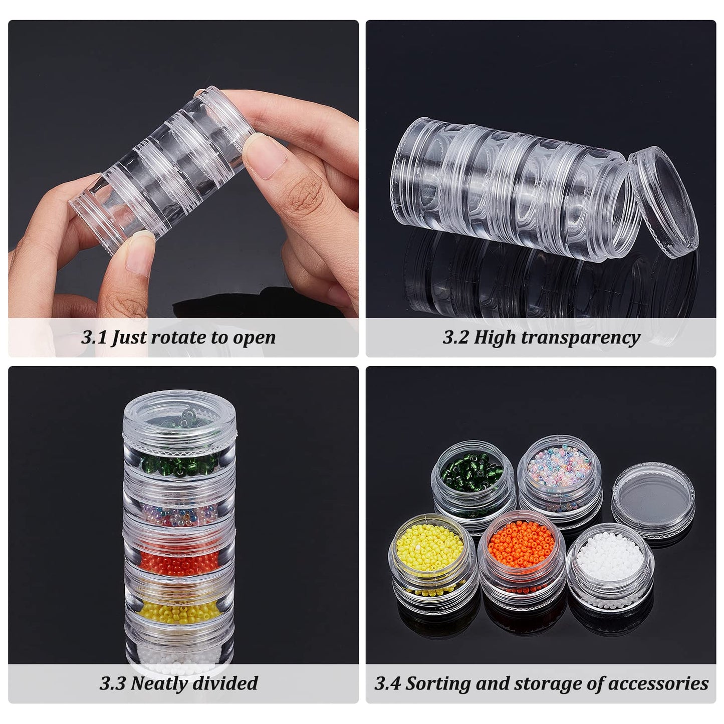 BENECREAT 5G/5ML Stackable Round Plastic Containers 8 Column(5 Layer/Column) Bead Storage Jars for Seed Beads, Diamond Drills and Other Jewelry Components