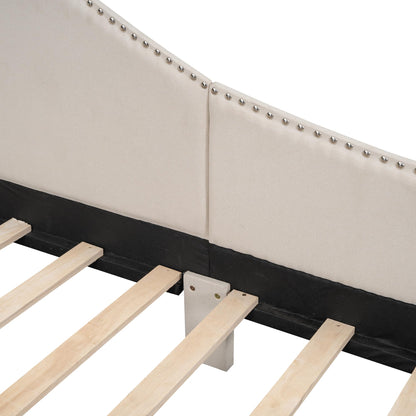 Jintop Full Size Upholstered Daybed with Backrest and Armrest,Modern Wooden Bed Frame,w/Support Legs,Slat Support,No Box Spring Needed,for Dorm,Apartment,Studio,Office,Beige