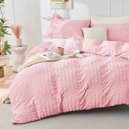 HYMOKEGE California King Comforter Set - Luxurious 7-Piece Seersucker Bedding in Pink/Ivory