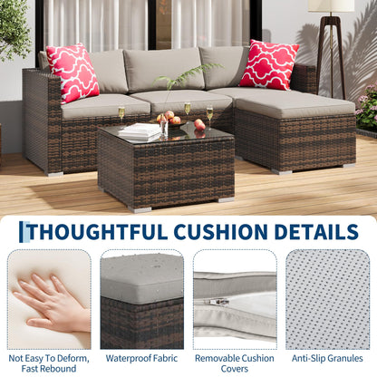 GAOMON 5-Piece All-Weather Patio Furniture Set, Convertible Outdoor Sectional Sofa with Ottoman & Tempered Glass Table, PE Rattan Conversation Set for Garden, Backyard, Porch, Poolside