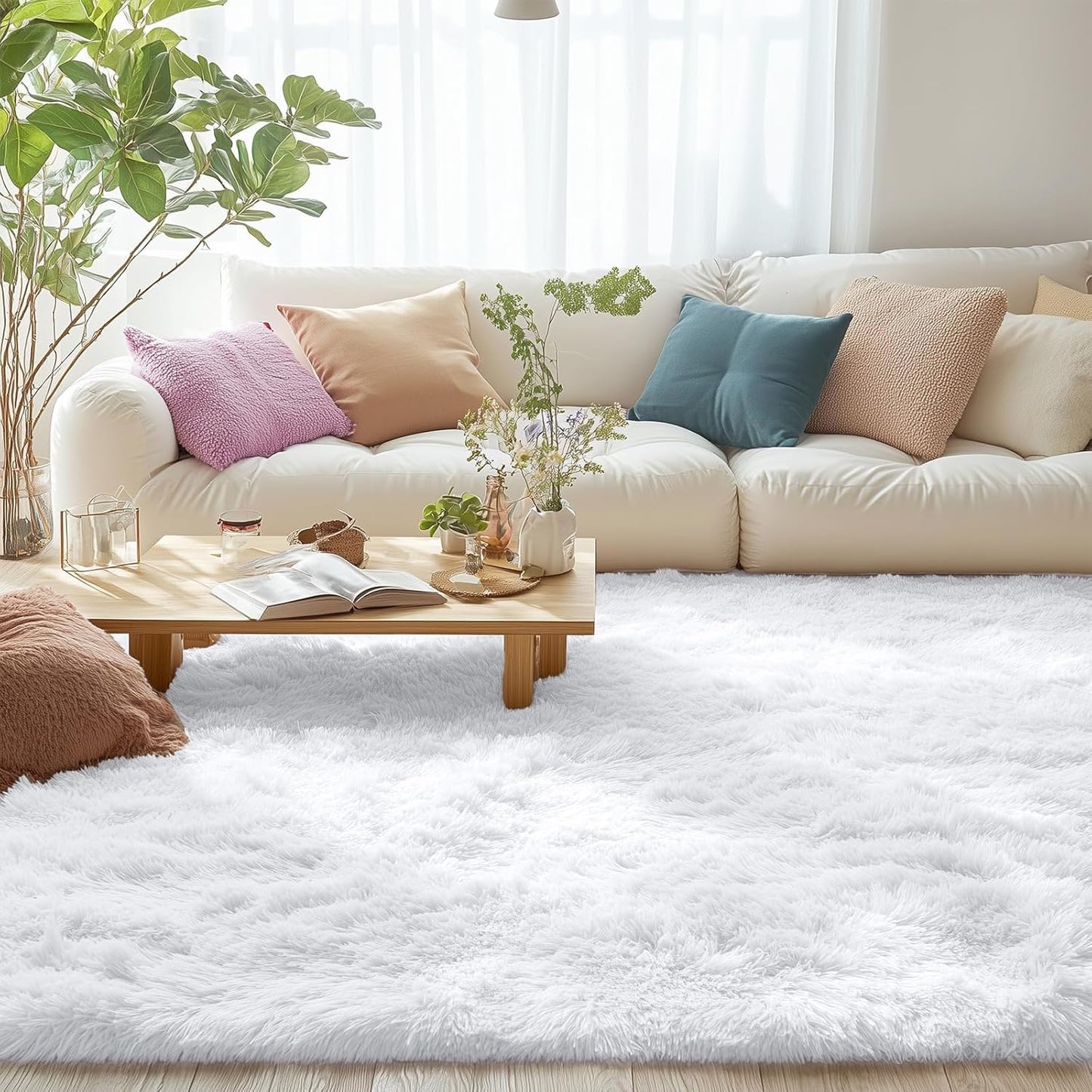 OLANLY 6x6 Area Rug - Soft Fluffy Shaggy Design for Living Room & Bedroom | Machine Washable White Carpet