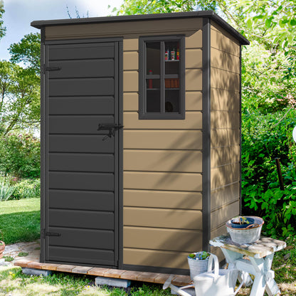 DWVO 5x3 FT Outdoor Storage Shed with Floor, All-Weather Resin Storage Shed with Lockable Door & Window, Waterproof Plastic Tool Storage for Garden, Backyard, Patio, Lawn, Brown
