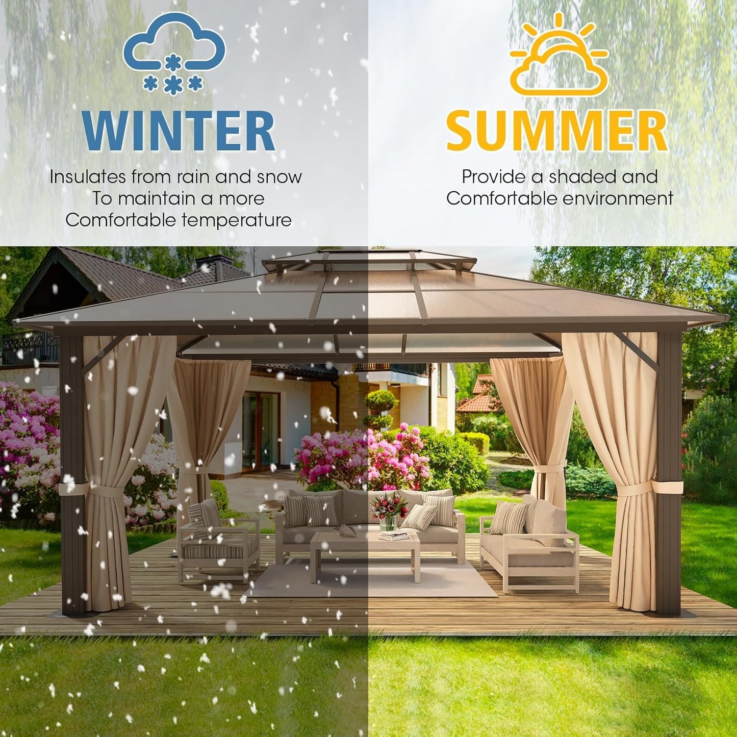 Hardtop Gazebo, Aluminum Frame Permanent Pavilion with Curtains and Netting, Outdoor Polycarbonate Gazebo, Double Roof Canopy, for Gardens, Patios, Lawns 10x12FT