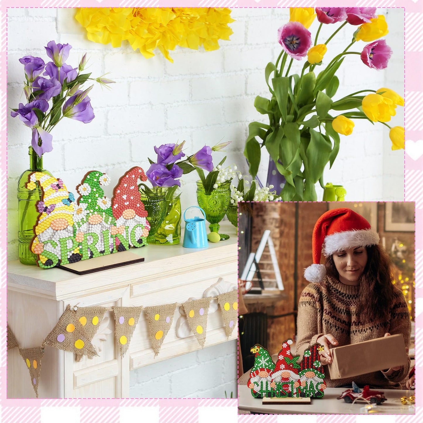 YooNotee 12 Sets Interchangeable Seasonal Diamond Art Tabletop Decorations Holiday Diamond Art Painting Kit with 12 Wood Base for Table Tiered Tray Decor Craft Graduation Centerpiece (Gnome)