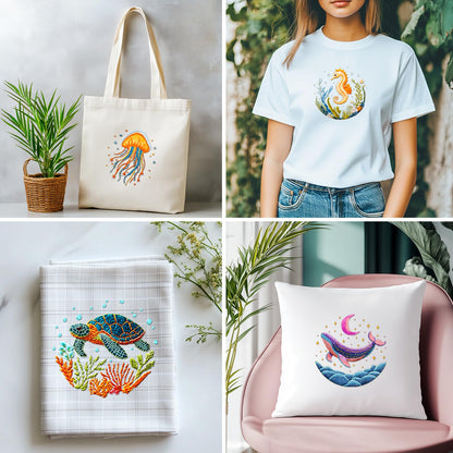 ACRNIGHEET 6PCS Embroidery Kit for Adults Beginners, Sea Animals Embroidery Starter Kit, Stamped Cross Stitch Kits for Crafts Lovers Gift Idea, Include Instructions 6 Stamped Embroidery Cloth 2 Hoop