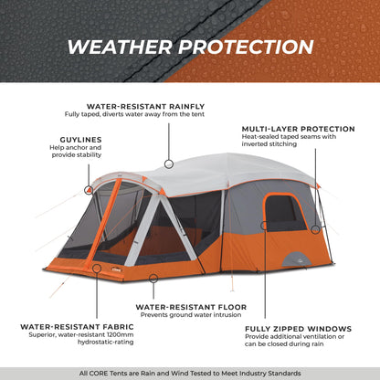 CORE 11 Person Cabin Tent with Screen Room | Large Multi Room Family Tent with Carry Bag for Outdoor Car Camping | Included Storage Pockets for Camping Accessories