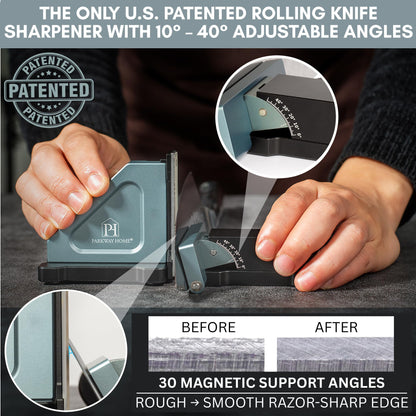 PATENTED ORIGINAL ADJUSTABLE ROLLING KNIFE SHARPENER KIT: Adjustable Height, 30 Angle Options, 5 Removeable Whetstone Plates, Leather Strop with Travel Case - Kitchen Knife Sharpener