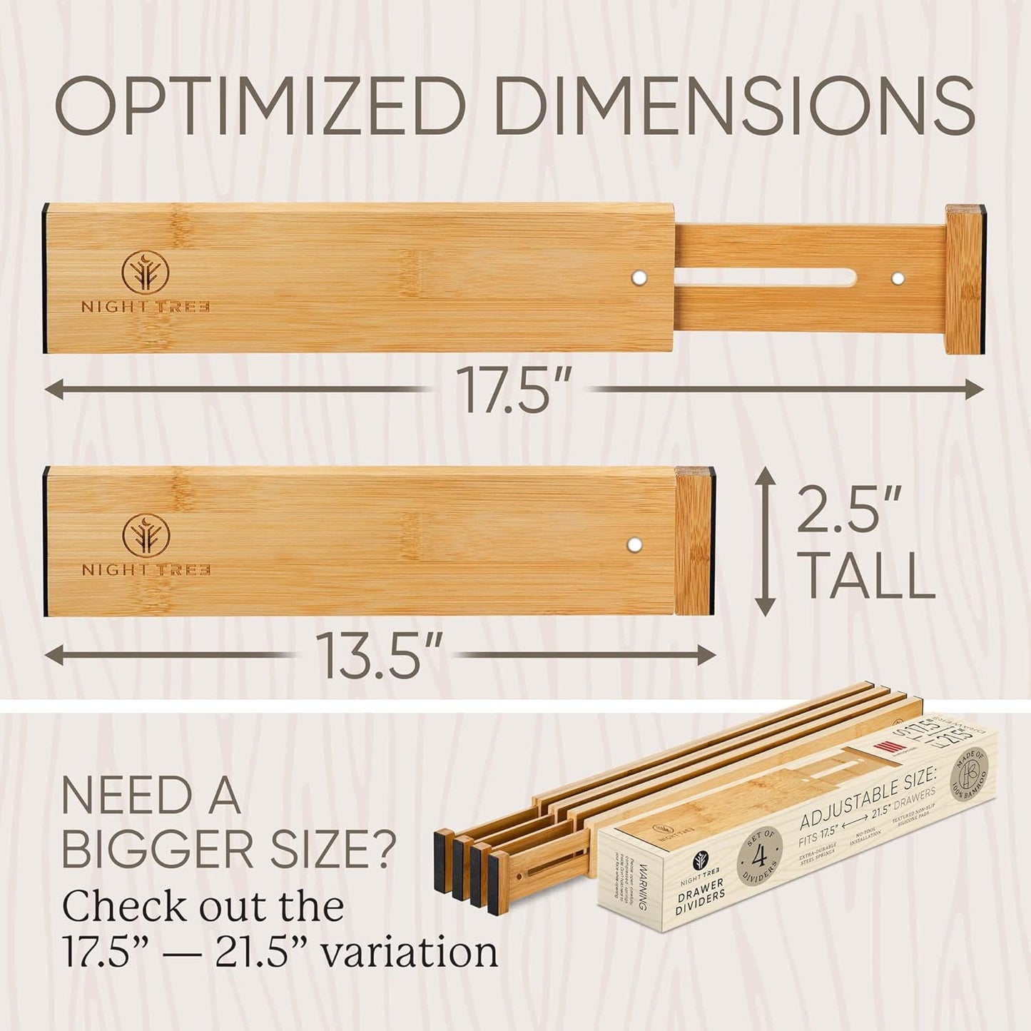 Expandable Bamboo Drawer Dividers - Wooden Organizers for Clothes, Kitchen Utensils, Bathroom, Dresser [13.5" - 17.5"]