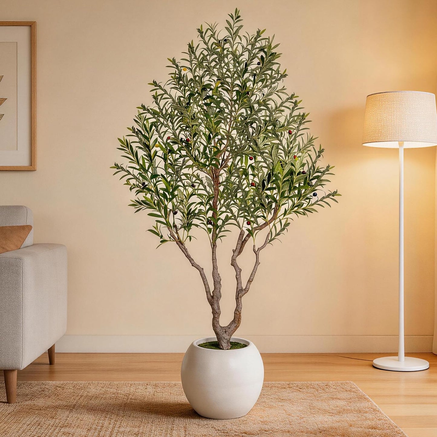 Artificial Olive Tree 8FT Tall Faux Olive Tree Premium Artificial Indoor with Natural Wood Trunk and Lifelike Fruits Realistic White Round Planter Potted for Home Office Living Room Decor