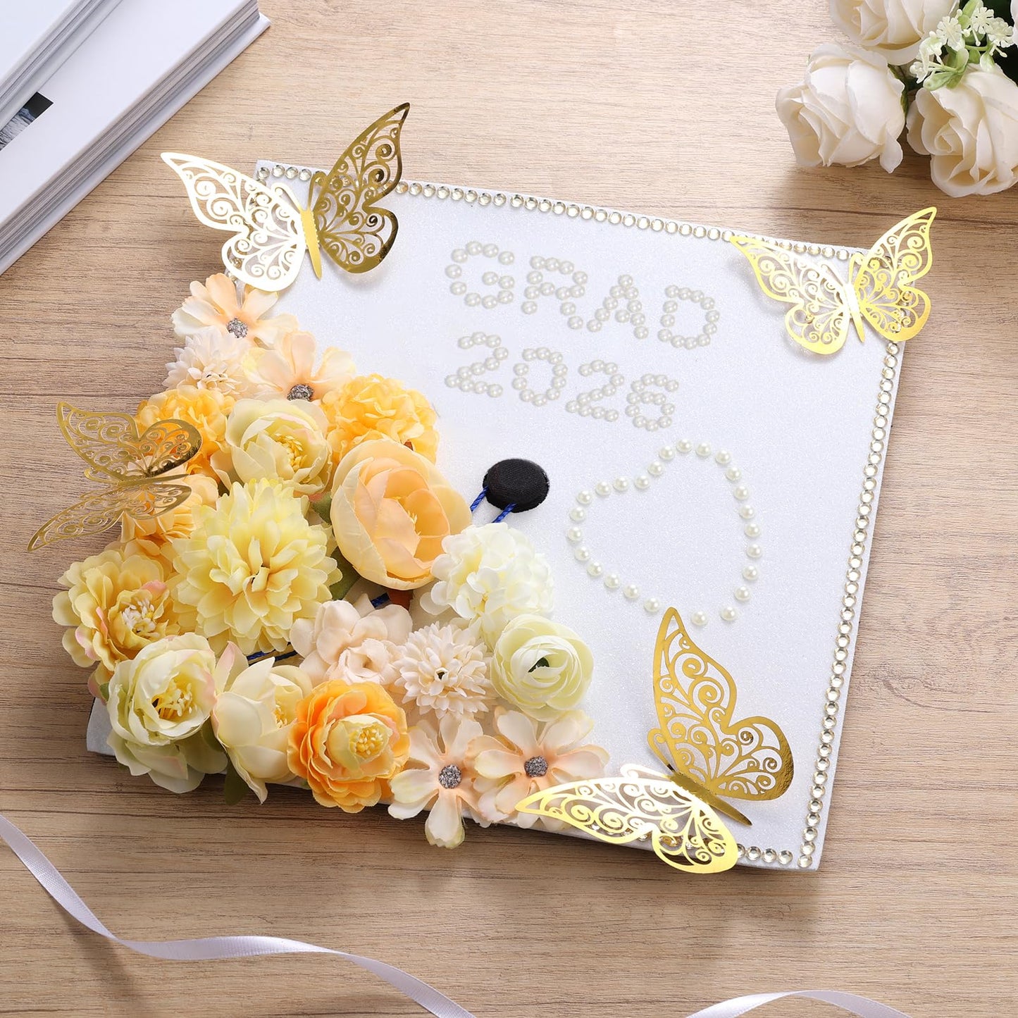 Ywdbzjhs 51 PCS DIY Graduation Grad Cap Decoration Kit - 12 Cream Construction Paper with Artificial Flower Heads 3D Butterfly Pearl Adhesive Dots Rhinestone Stickers for DIY Grad Hat Topper(White)
