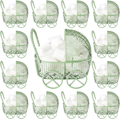 Threehoney 12 Pcs Baby Shower Mini Carriage Decoration Greenery Color Metal Wired Fillable Candy Stroller Baby Shower