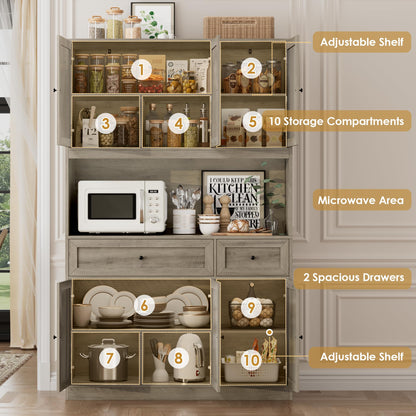 BOTLOG 72" Kitchen Pantry Cabinet, Kitchen Hutch with Microwave Stand, Buffet Cabinet with Hutch for Dining Room, Ash Gray