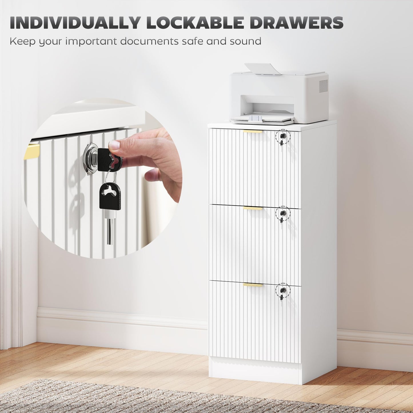 HOMCOM 3 Drawer File Cabinet, Fluted Vertical Filing Cabinet with Lock and Adjustable Hanging Rails for A4 Letter Size Files, Printer Stand with Storage, White