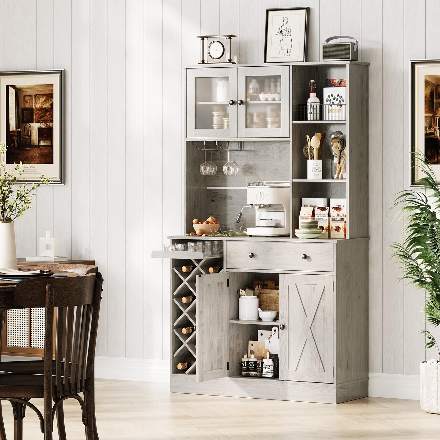 IDEALHOUSE 72 Inch Tall Kitchen Pantry Cabinet with Power Outlet - Wine Bottle Rack, Barn Doors, Ample Storage, Modern Sideboard Buffet for Dining Room, Kitchen, or Home Bar