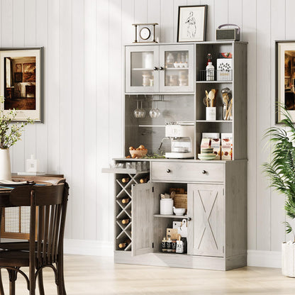 IDEALHOUSE 72 Inch Tall Kitchen Pantry Cabinet with Power Outlet - Wine Bottle Rack, Barn Doors, Ample Storage, Modern Sideboard Buffet for Dining Room, Kitchen, or Home Bar