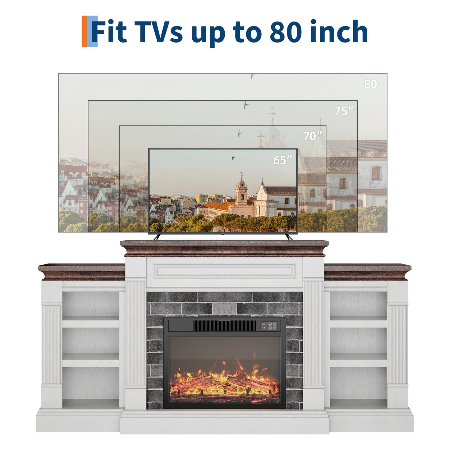 GarveeLife 71 Inch Electric Fireplace with Mantel, Fireplace TV Stand for TVs Up to 80 Inch, Modern Entertainment Center with Storage, Stacked Stone Surround with Remote Control 3D Flame, White