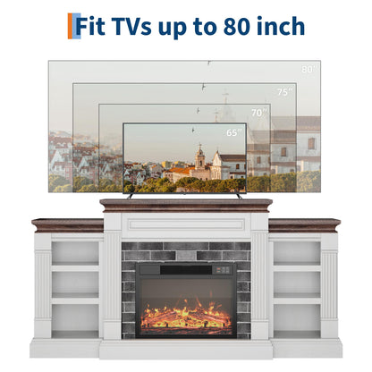 GarveeLife 71 Inch Electric Fireplace with Mantel, Fireplace TV Stand for TVs Up to 80 Inch, Modern Entertainment Center with Storage, Stacked Stone Surround with Remote Control 3D Flame, White
