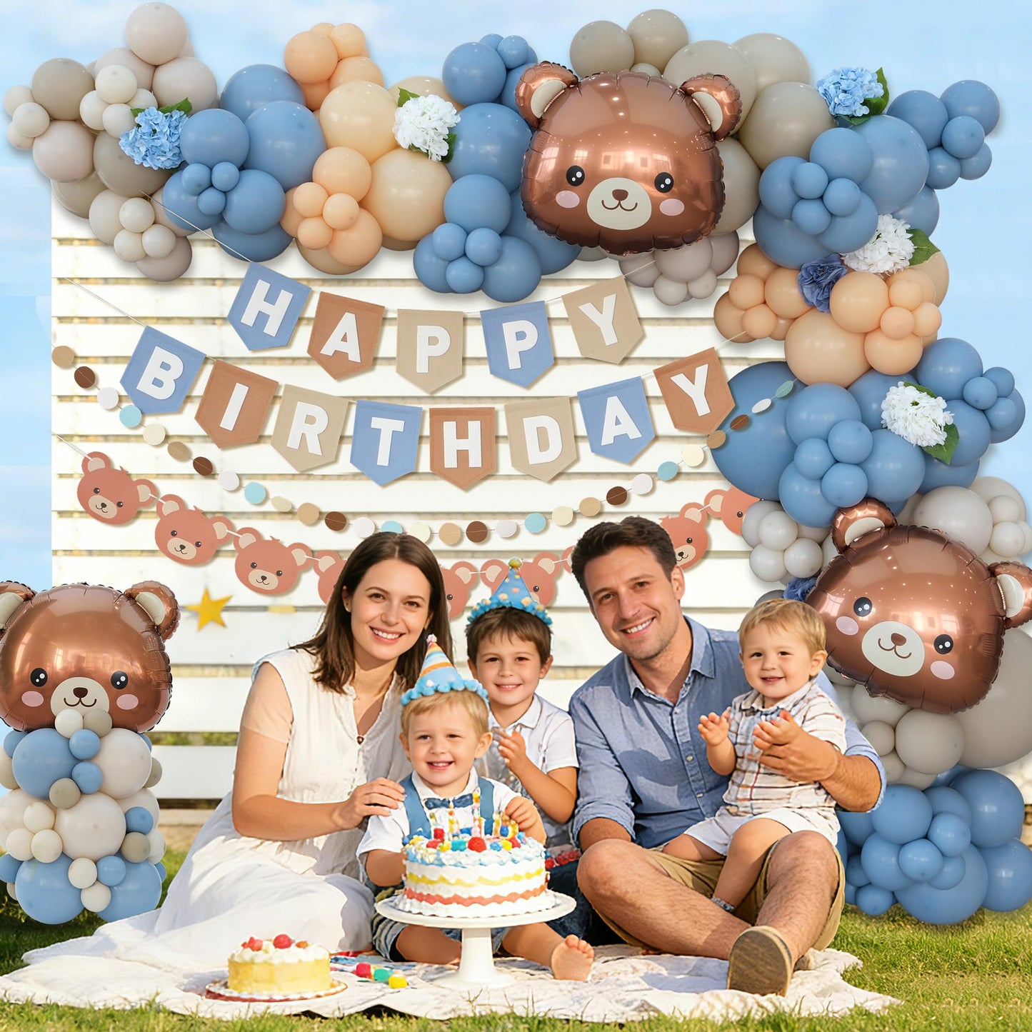 Ereniko Bear Birthday Balloon Arch Kit for Baby Boy Blue Khaki and Brown Balloons Decorations Set Happy Birthday Banner Bear Theme Decor