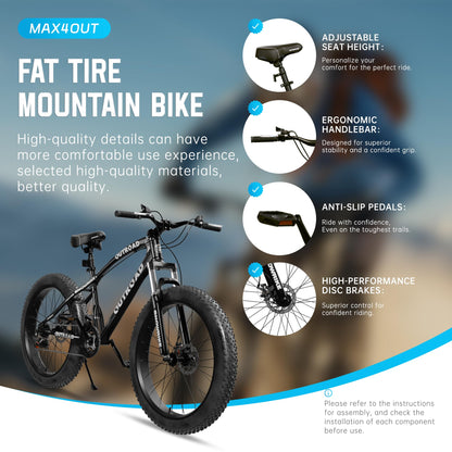 MarKnig 26 inch Fat Tire Mountain Bike with 4 inch Knobby Tires, 21 Speed MTB with Dual Disc Brake for Adults, Anti-Slip Bicycle, Black