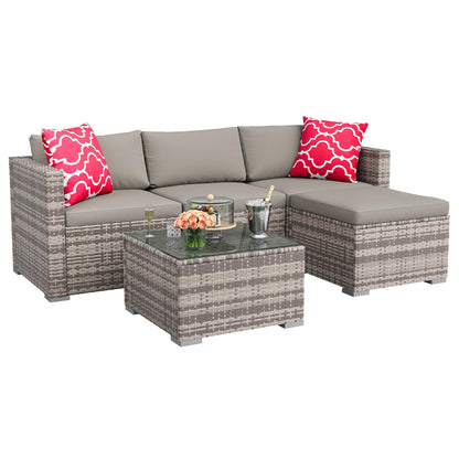 GAOMON 5-Piece All-Weather Patio Furniture Set, Convertible Outdoor Sectional Sofa with Ottoman & Tempered Glass Table, PE Rattan Conversation Set for Garden, Backyard, Porch, Poolside
