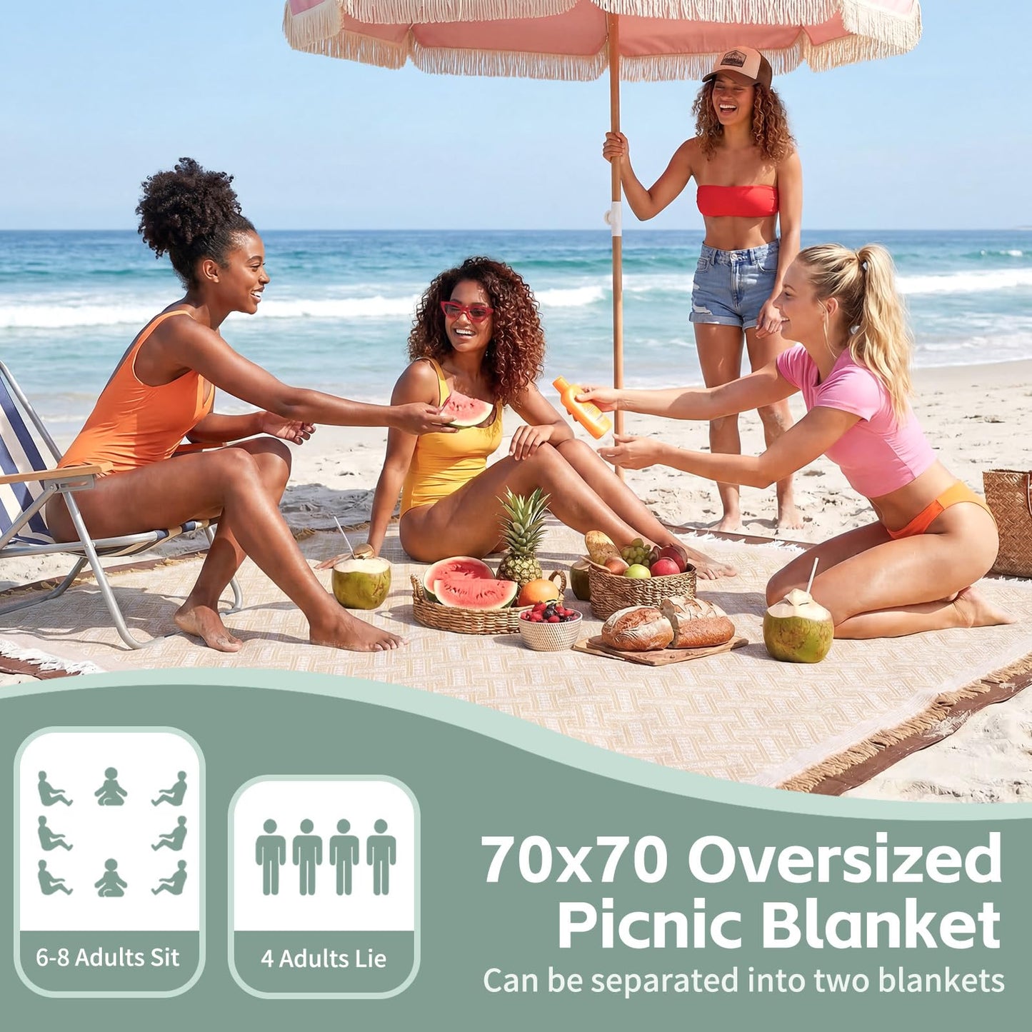 2 in 1 Extra Large Boho Beach Blanket Towel Sand Free Outdoor Picnic Mat Giant Oversized Xl Big Jumbo Huge Turkish Woven Throw Cloud Summer Vacation Essential Travel Must Have Accessories Women Gift