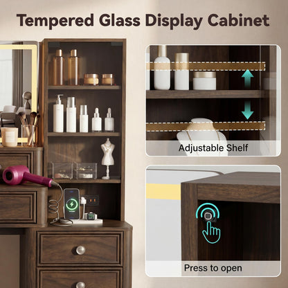 YESHOMY Makeup Vanity Desk with Large Mirror and LED Lights, with 7 Drawers & Charging Station, Dressing Table Set Modern Glass Storage Cabinet with Adjustable Shelves for Bedroom, Dark Walnut