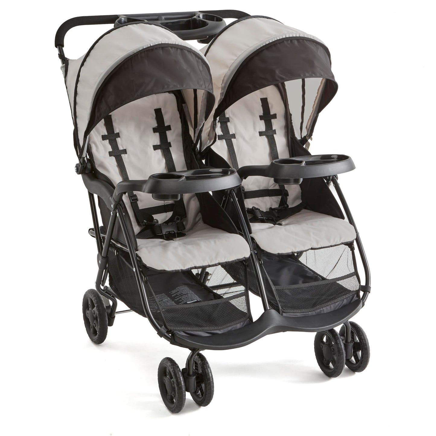 Kolcraft Cloud Plus Lightweight Double Stroller Side-by-Side for Infant Toddler, Compact Folding Travel System with Reclining Seats, Canopies, Storage Basket, Trays, Easy Maneuver - Slate Gray