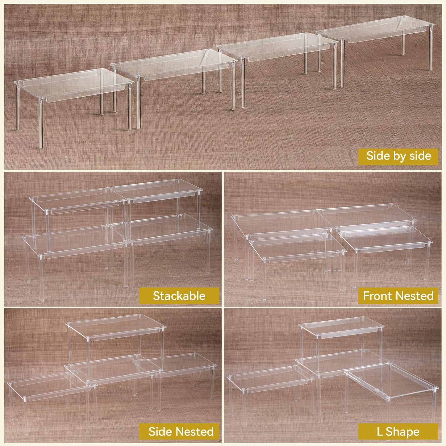 HANLANXUE 4 Pack Clear Kitchen Cabinet Organizer, Stackable Acrylic Tiered Spice Organization Display Shelf for Cabinet Shelf Desk Countertop Organizer