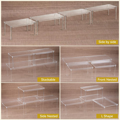HANLANXUE 4 Pack Clear Kitchen Cabinet Organizer, Stackable Acrylic Tiered Spice Organization Display Shelf for Cabinet Shelf Desk Countertop Organizer