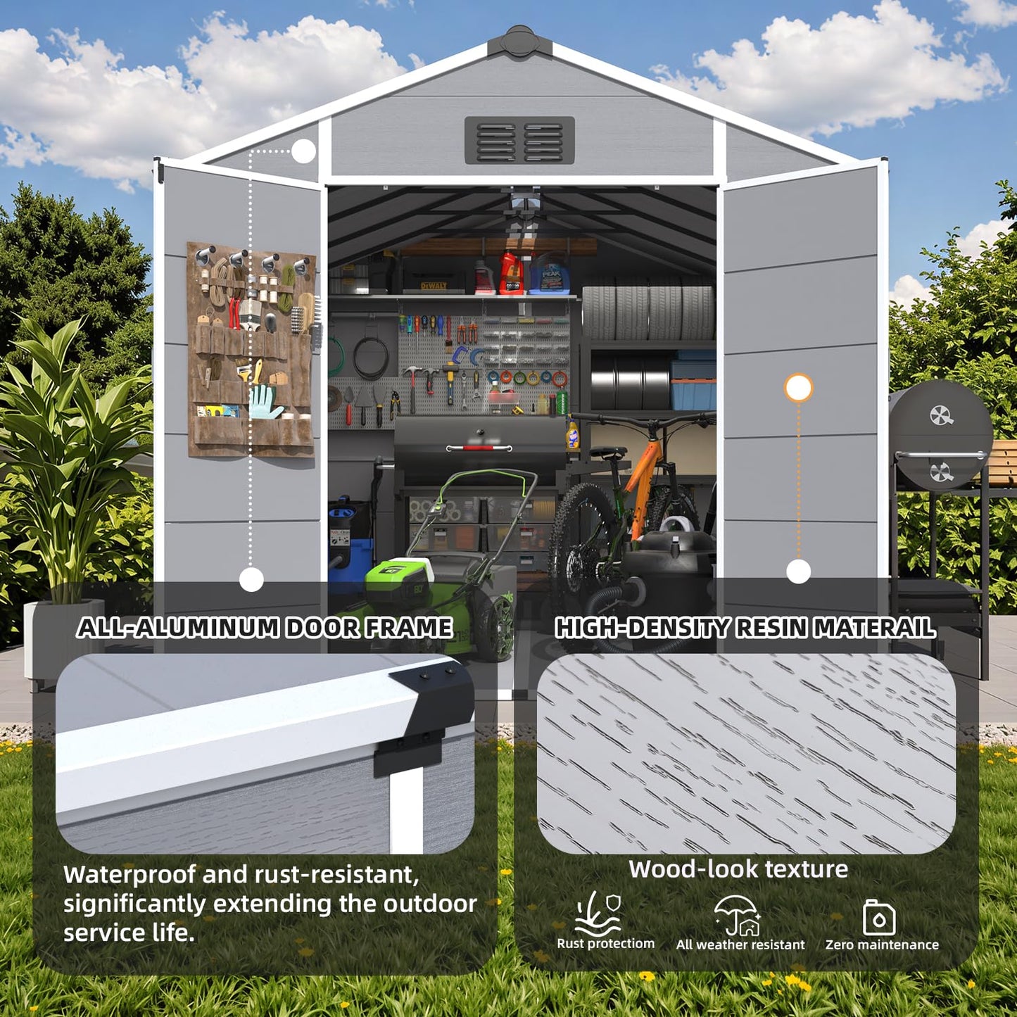 MELLCOM 8 x 12 FT Plastic Outdoor Storage Shed with Floor, Outdoor Resin Storage Tool Shed with Windows and Lockable Door, Resin Garden Shed for Lawnmower, Bike, Garbage Can