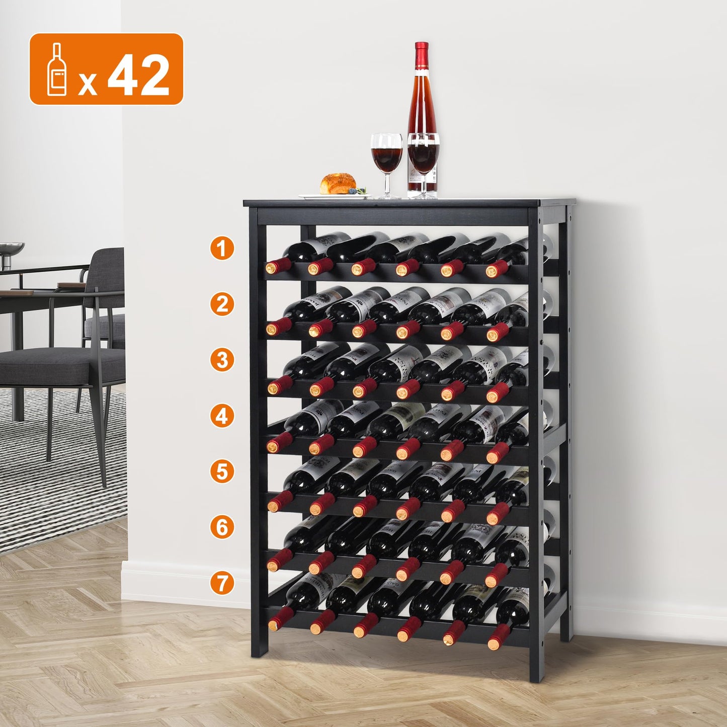 VASMIA 42 Bottles Bamboo Wine Rack,7-Tier Wine Rack Freestanding Floor with Table Top, Wine Storage Shelf for Kitchen Dining Room Bar,Black