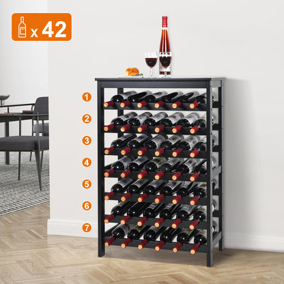 VASMIA 42 Bottles Bamboo Wine Rack,7-Tier Wine Rack Freestanding Floor with Table Top, Wine Storage Shelf for Kitchen Dining Room Bar,Black