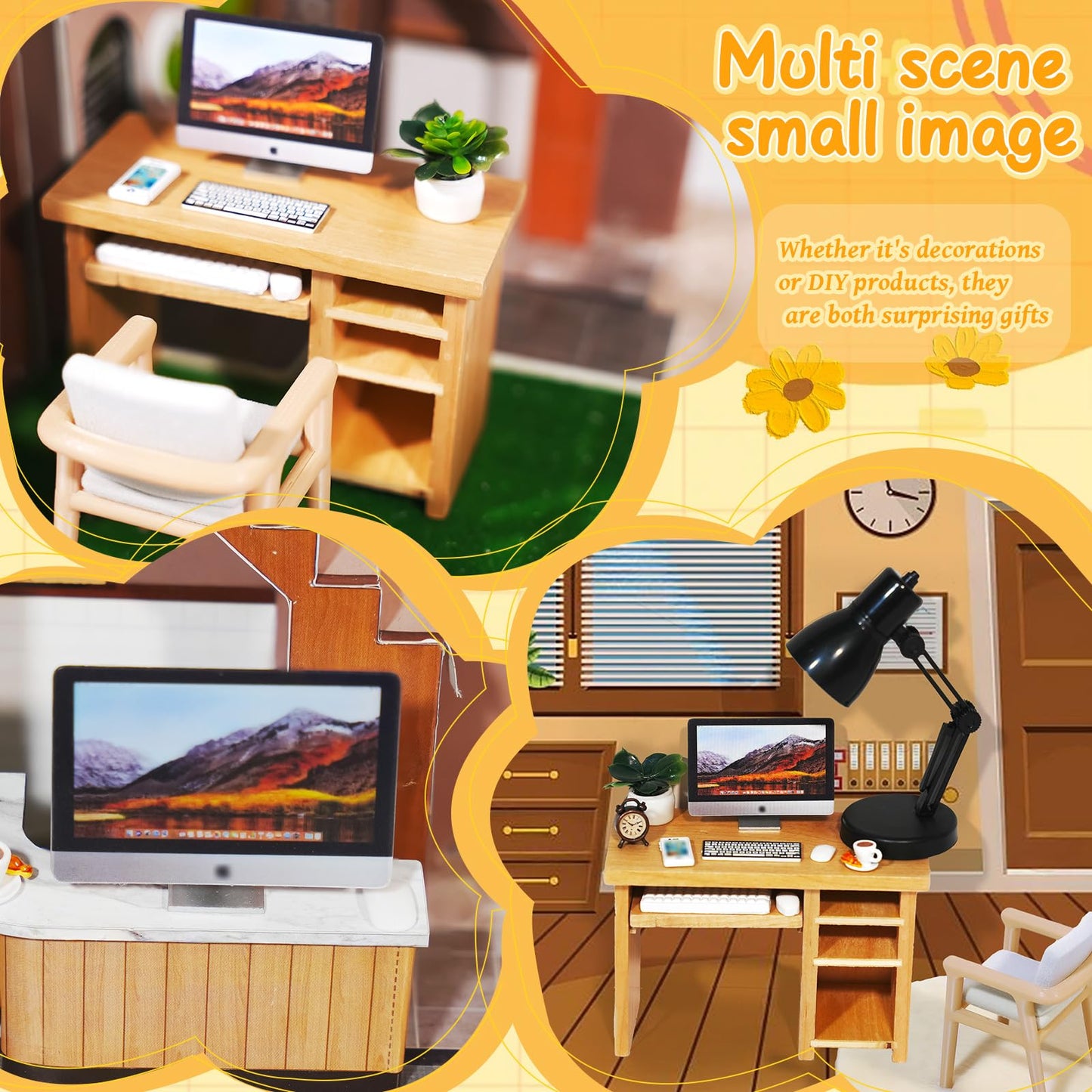 Hiawbon 11PCS 1:12 Scale Miniature Office Furniture Set, Miniature Office Table and Chair, Mini Simulation Desktop Computer with Mouse Keyboard Model Simulation Accessories for Mini House